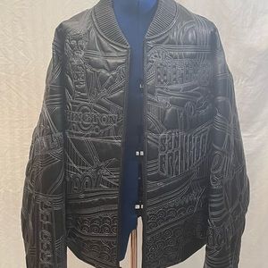 Vintage Max USA Men's Black Leather Coat w/ Major Cities Embroidered in Pattern